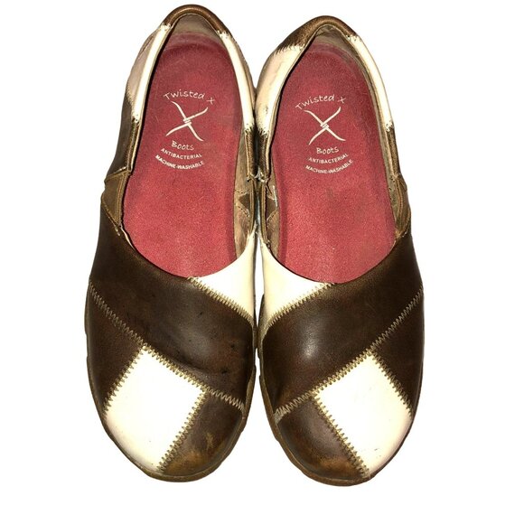 TWISTED X SLIP ONS LEATHER SHOES SZ 6 M PATCHWORK TAN BROWN WHITE WOMENS - Picture 1 of 7